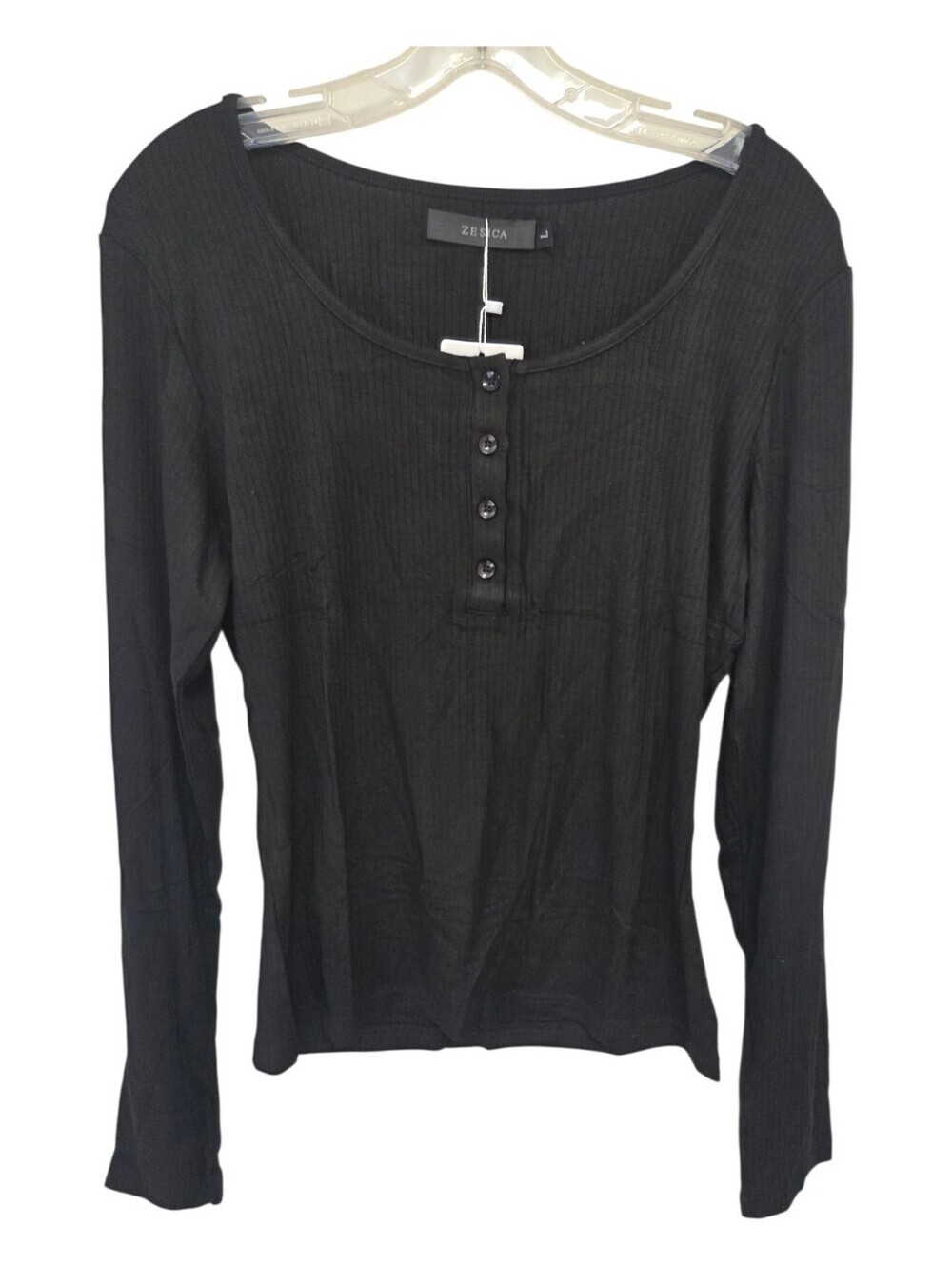 Zesica Long Sleeve Black Ribbed Henley Top